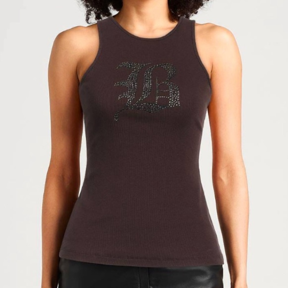 🐻Blumarine Brown Rhinestone Logo Tank Top – Cropped (Altered)🤎